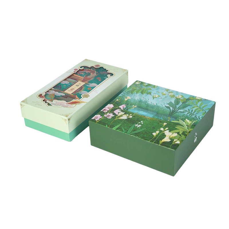 Caja de regalo con tapa y base neochina con corte de ventana y estampado en caliente