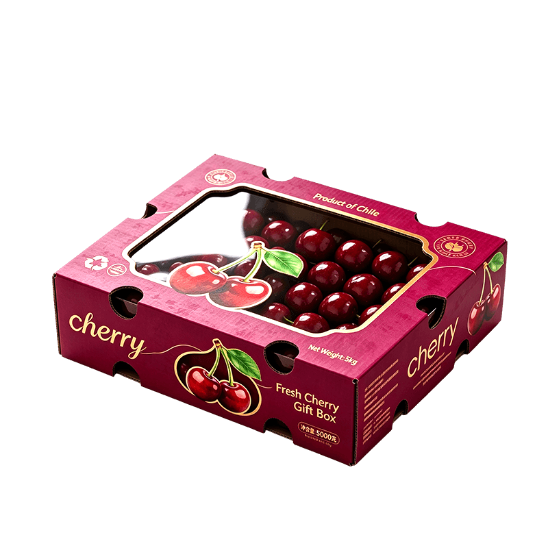 Caja de cerezos corrugados color burdeos con ventana y estampado de lámina dorada Caja de cerezos corrugados color burdeos con ventana y estampado de lámina dorada